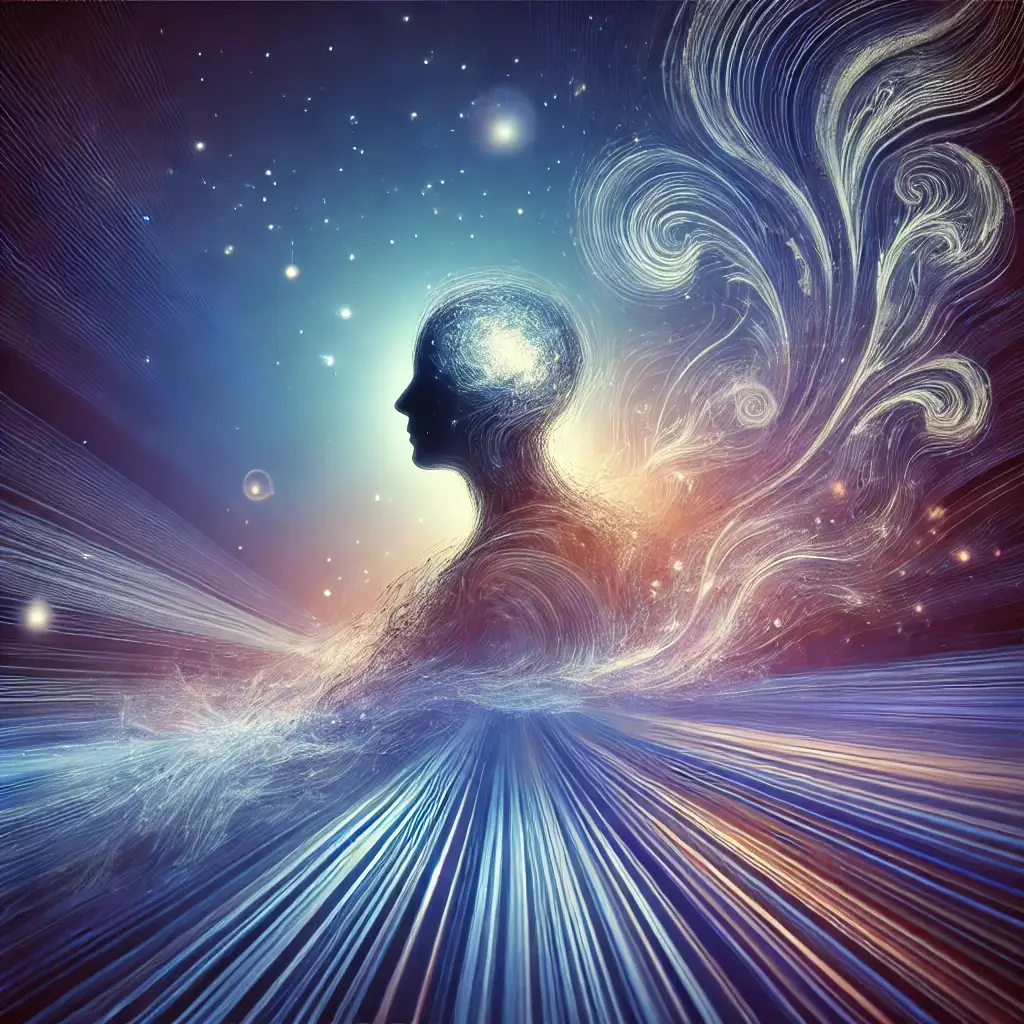 AI-generated image of a person with their brain illuminated, floating in a vast cosmic universe. The surreal artwork symbolizes deep thinking, neurodiversity, and the limitless potential of the mind, aligning with themes of ADHD, creativity, and consciousness.