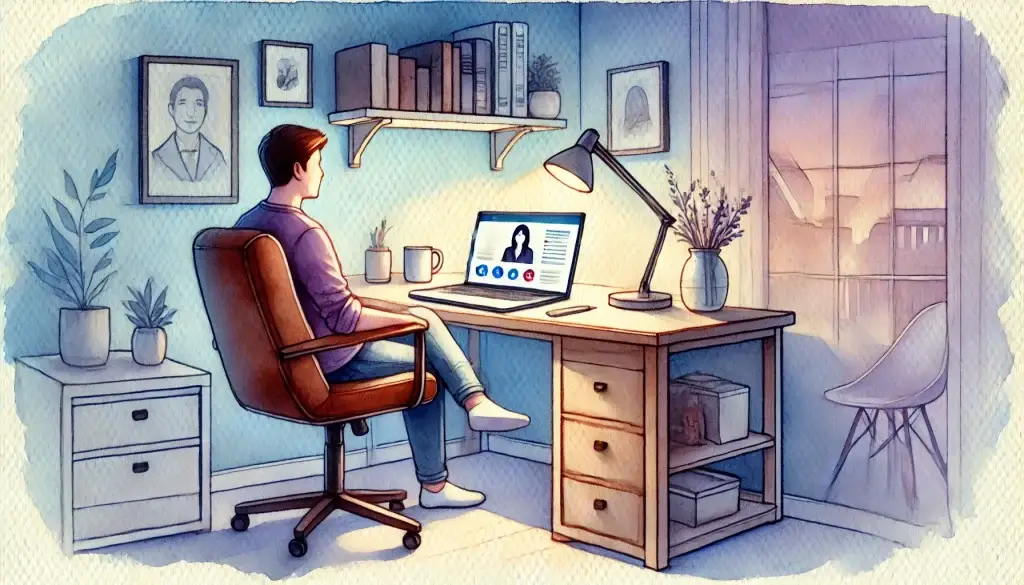 A watercolor-style illustration of a person sitting in a cozy home office, engaged in an online consultation on their laptop. The warm setting includes soft lighting, a desk, a comfortable chair, and small personal touches like a plant and a coffee mug. The background features a calming blue and purple gradient, symbolizing the online ADHD diagnosis process in Canada.