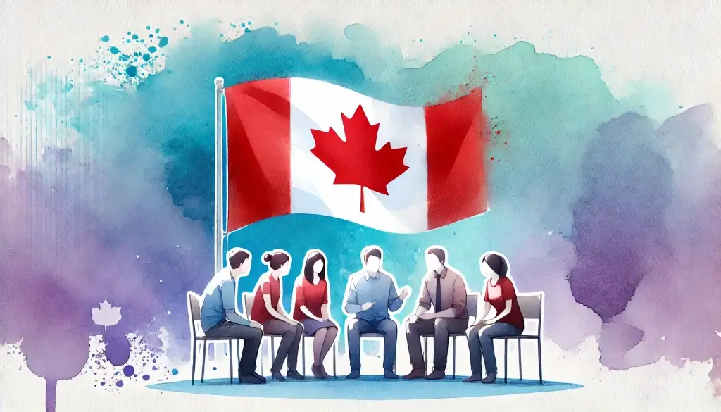 A watercolor-style illustration of a group of people engaged in a friendly discussion next to a Canadian flag. The background features a soft blue and purple gradient, symbolizing community conversations about ADHD diagnosis in Canada. The scene represents shared experiences and support among individuals seeking ADHD assessments.