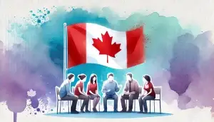 A watercolor-style illustration of a group of people engaged in a friendly discussion next to a Canadian flag. The background features a soft blue and purple gradient, symbolizing community conversations about ADHD diagnosis in Canada. The scene represents shared experiences and support among individuals seeking ADHD assessments.