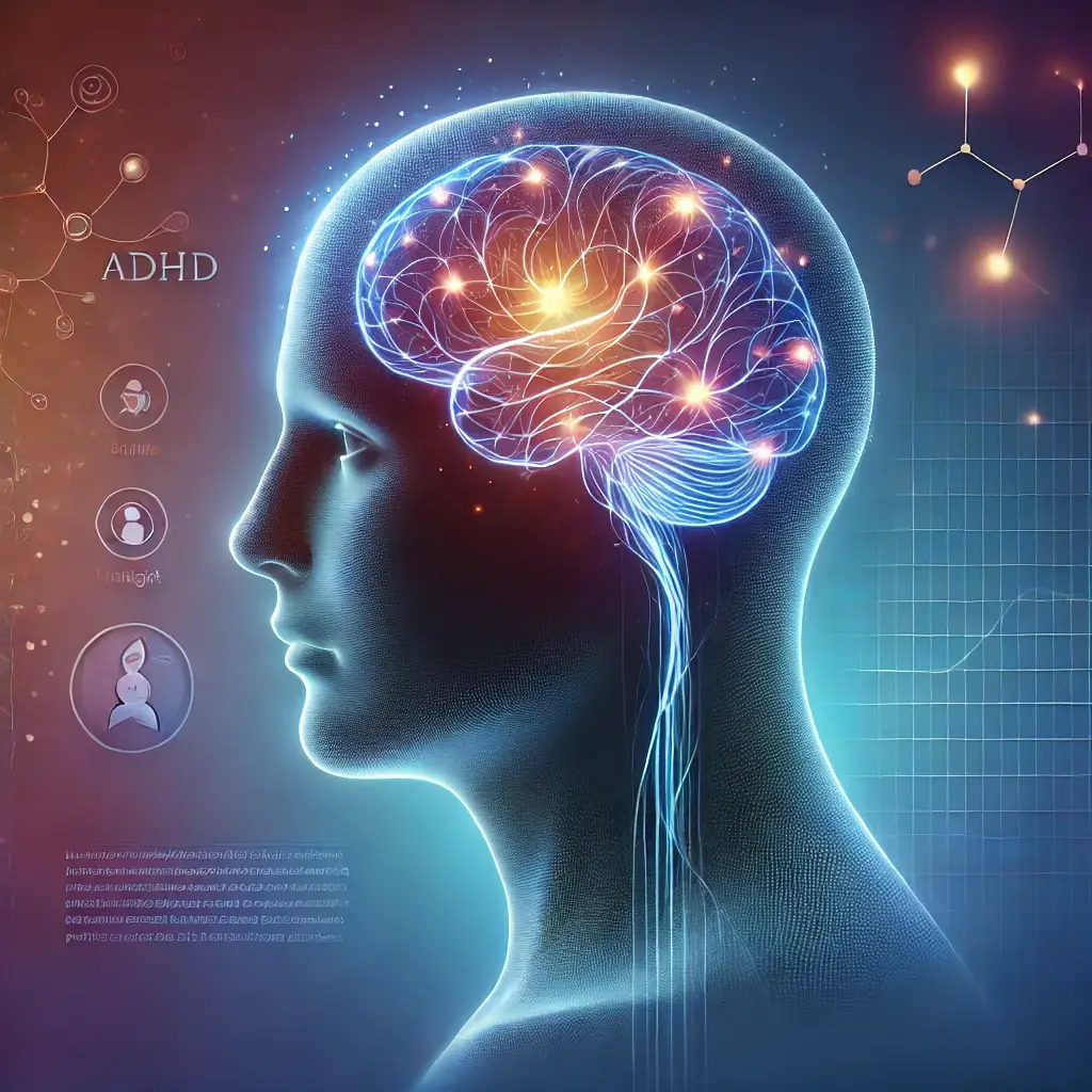 An artistic illustration of a human brain glowing with vibrant energy, symbolizing ADHD awareness and the rise in adult diagnoses. The image has a blue-purple gradient, giving it a dreamy and thought-provoking feel.