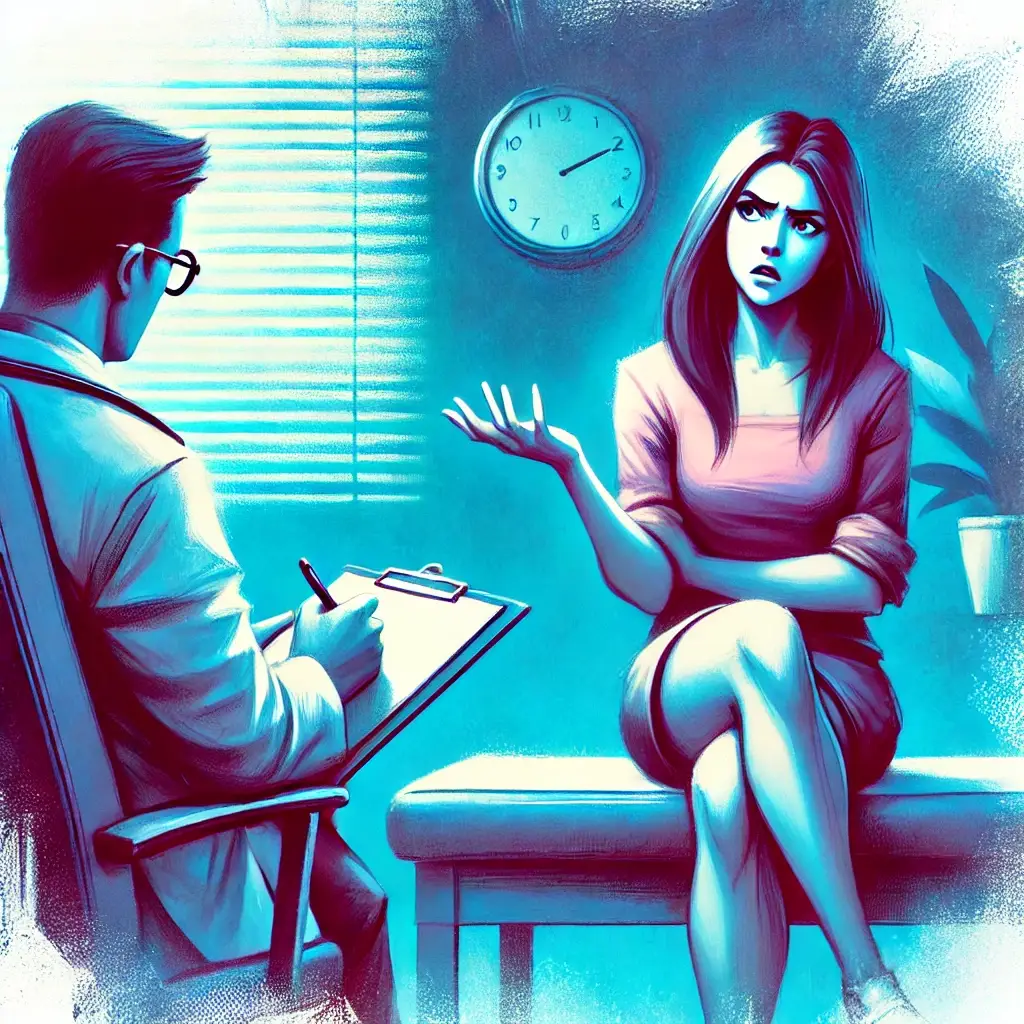 An artistic depiction of a frustrated woman in a doctor’s office, expressing disbelief while speaking to a dismissive doctor. The scene is set with a blue-purple gradient, adding an emotional and intense atmosphere.