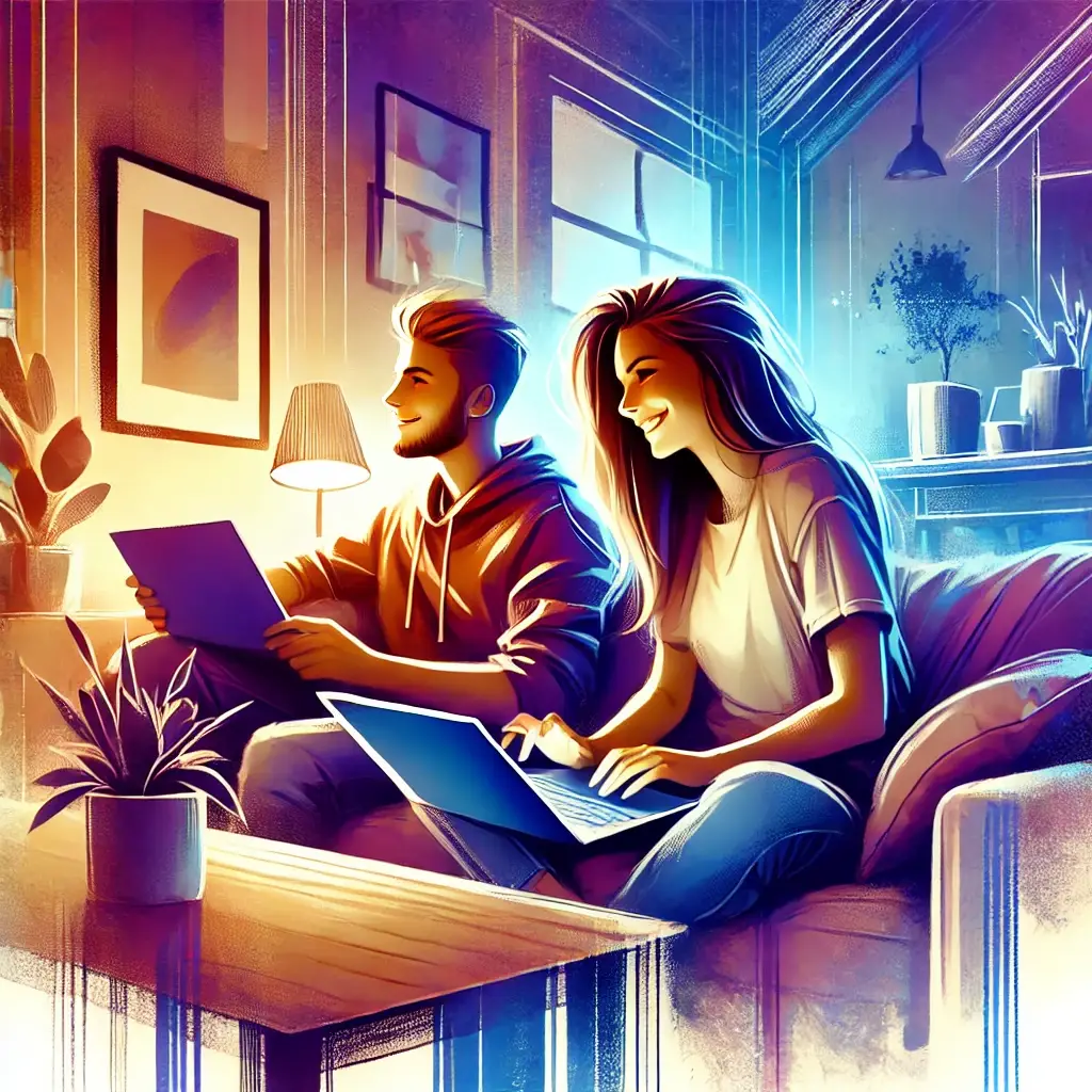 An artistic illustration of a man and a woman working together on their laptops in a cozy home setting, symbolizing the concept of body doubling for ADHD productivity. The image has a warm and inviting blue-purple gradient.