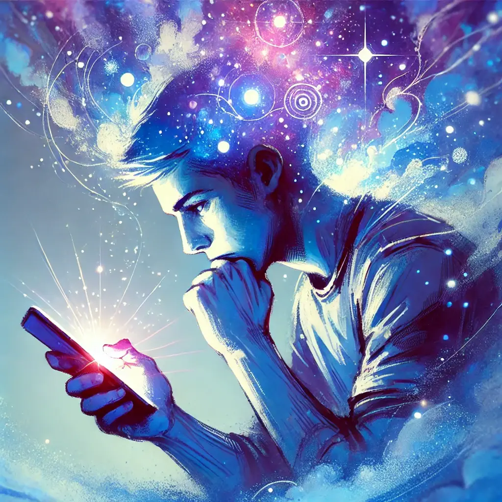 A surreal, expressive illustration of a person completely engrossed in their phone, with the glow of the screen illuminating their face. The background features a blue-purple gradient, symbolizing ADHD hyperfixation on digital media.