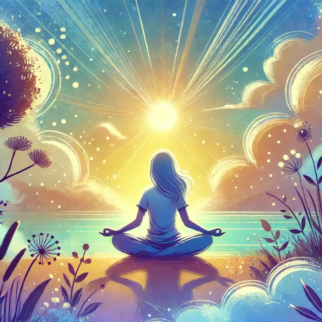An artistic depiction of a person peacefully meditating in a sunny, serene environment. A blue-purple gradient gives the scene a calm, dreamy effect, symbolizing mindfulness and inner balance for ADHD individuals.