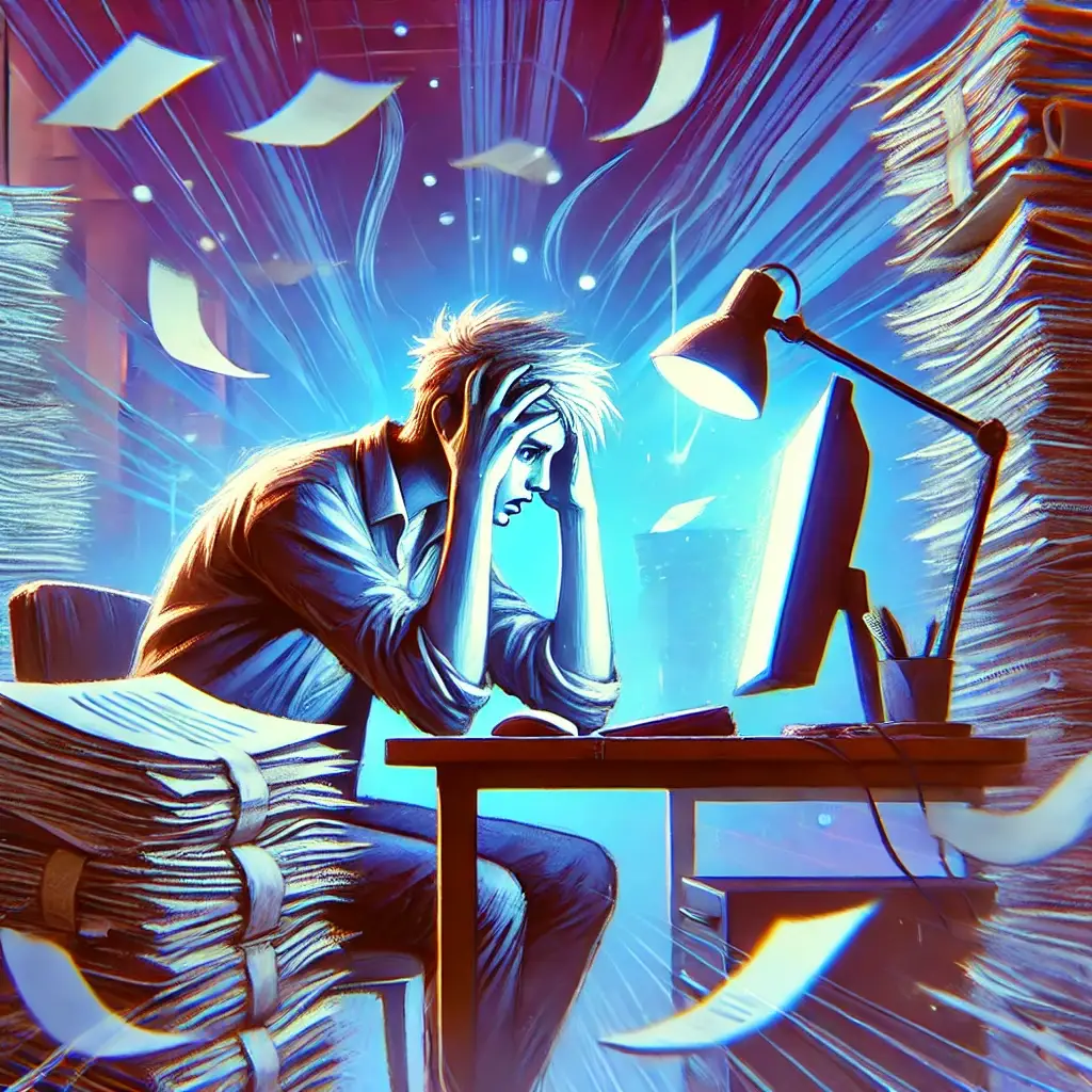 An artistic illustration of a stressed-out person at work, surrounded by glowing computer screens and stacks of papers. The blue-purple gradient enhances the feeling of workplace overwhelm.