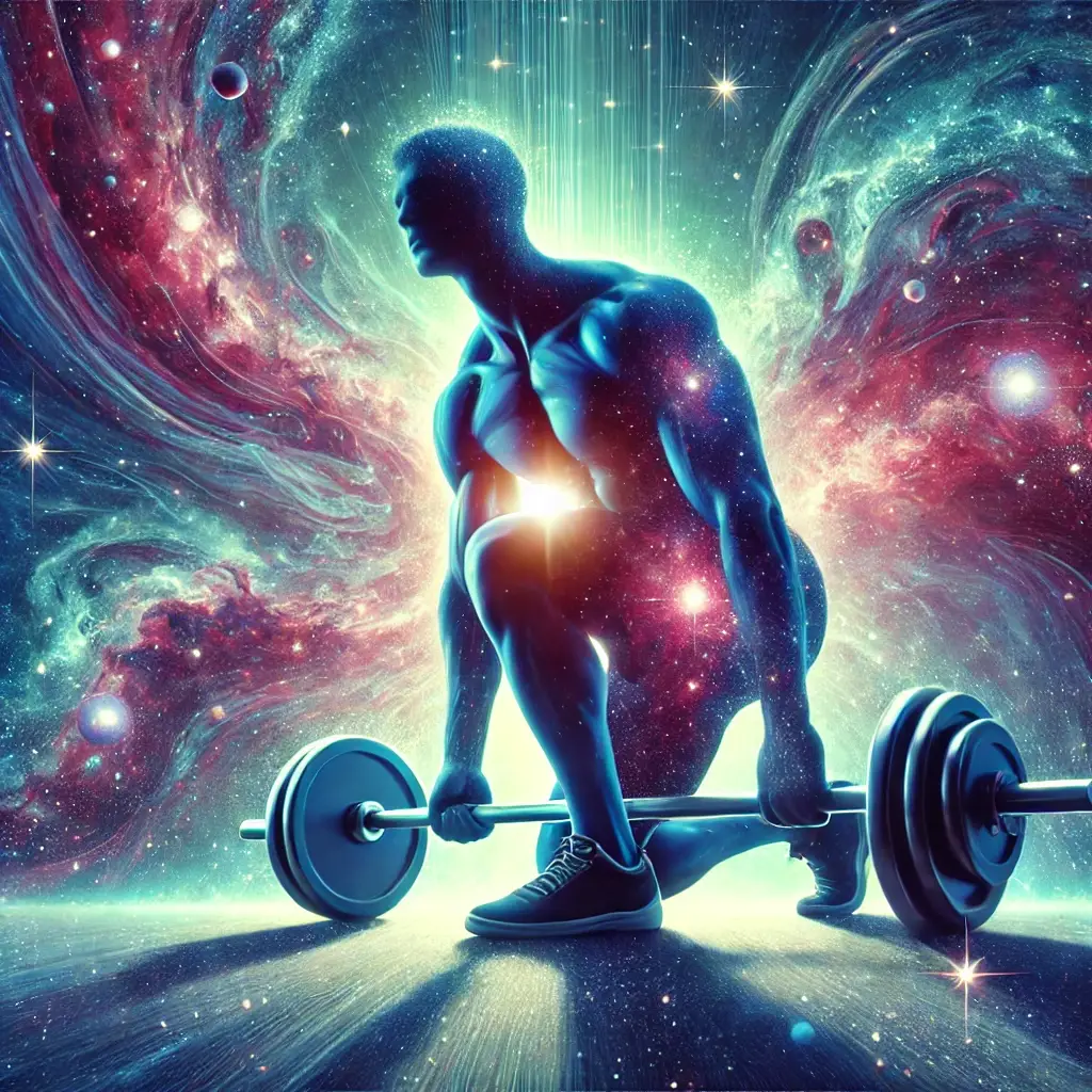 A determined person working out intensely, using both hands to lift heavy weights, surrounded by a cosmic universe of swirling stars and nebulae. The scene glows with deep blue and purple gradients, symbolizing energy, focus, and strength.