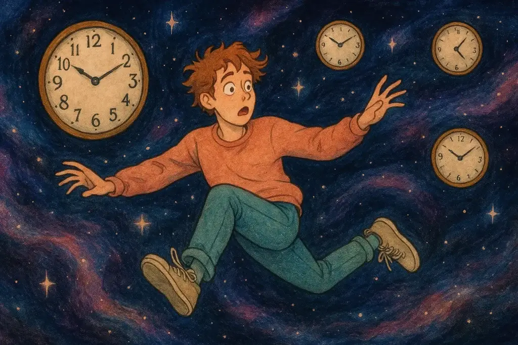 Illustration of a person with ADHD floating in space surrounded by clocks