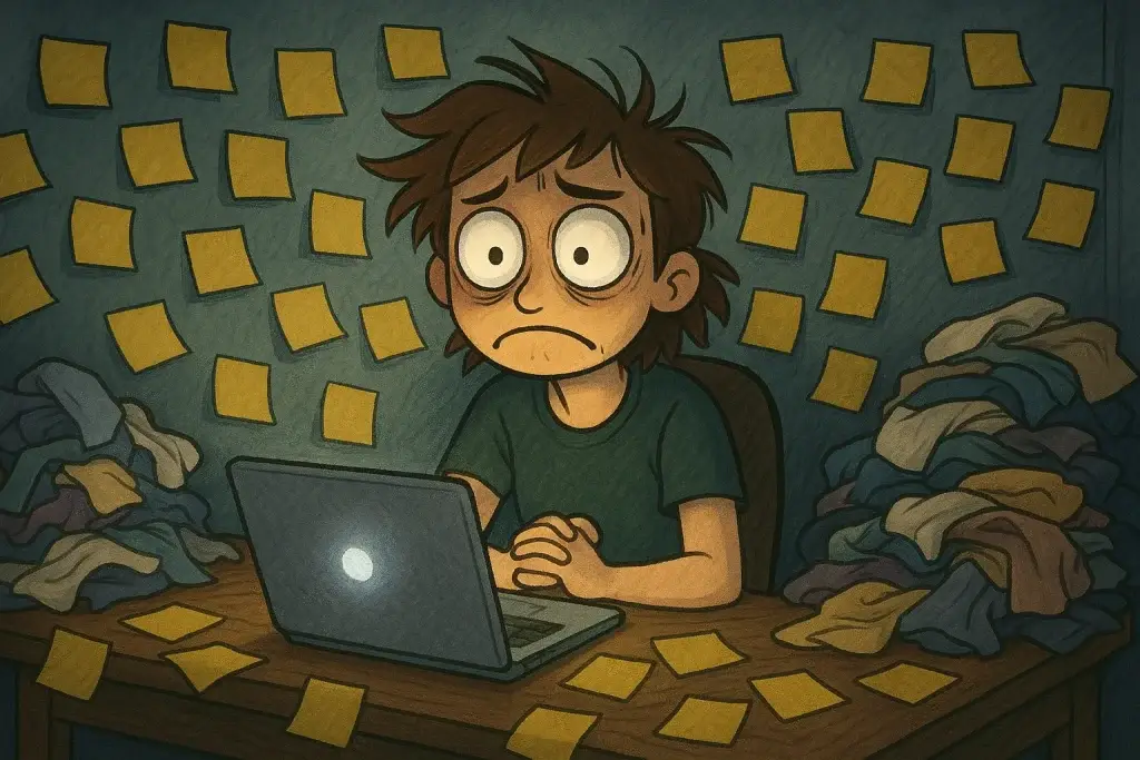 Illustration of a person sitting still in front of a pile of tasks, looking overwhelmed