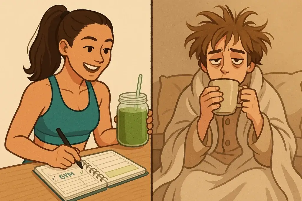 Illustration showing a split morning scene: one side with a checklist and tidy room, the other with a messy bun, coffee, and a cozy blanket