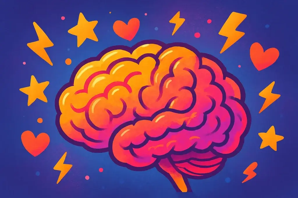 Whimsical brain illustration representing dopamine activity in ADHD