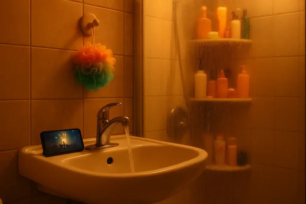 A warm bathroom with soft lighting, steam, a phone playing music, and colorful shower items