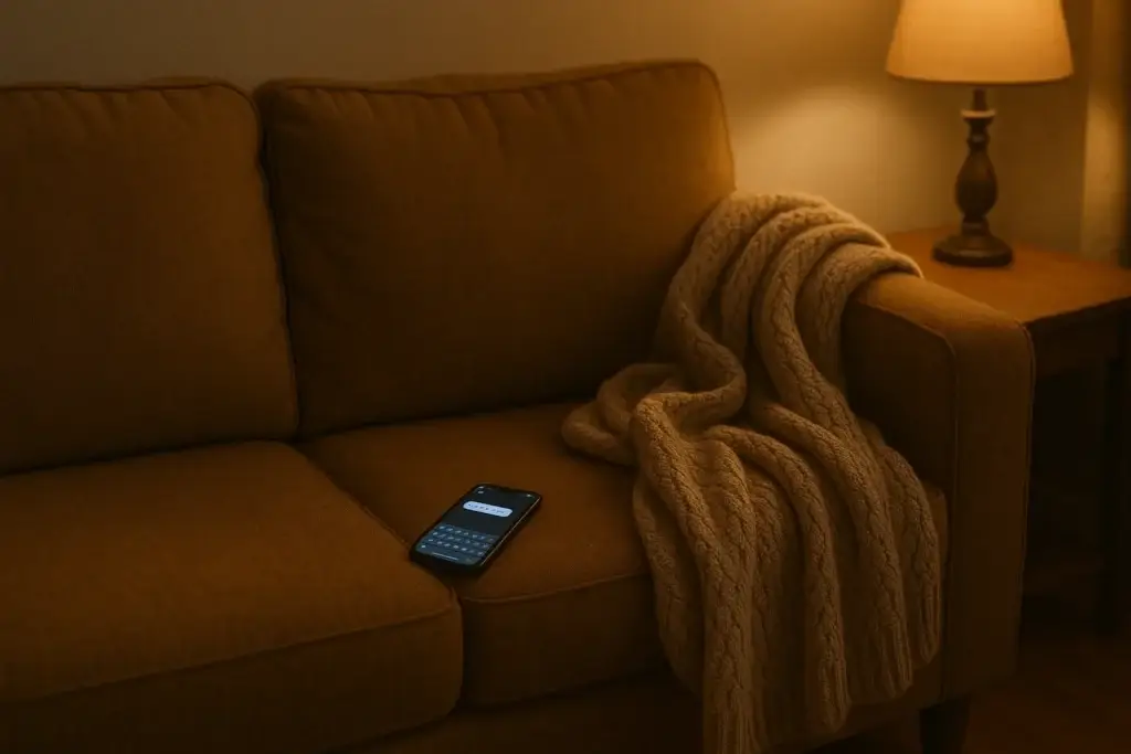 A cozy couch scene with a blanket, a phone showing a half-typed message, and warm lighting