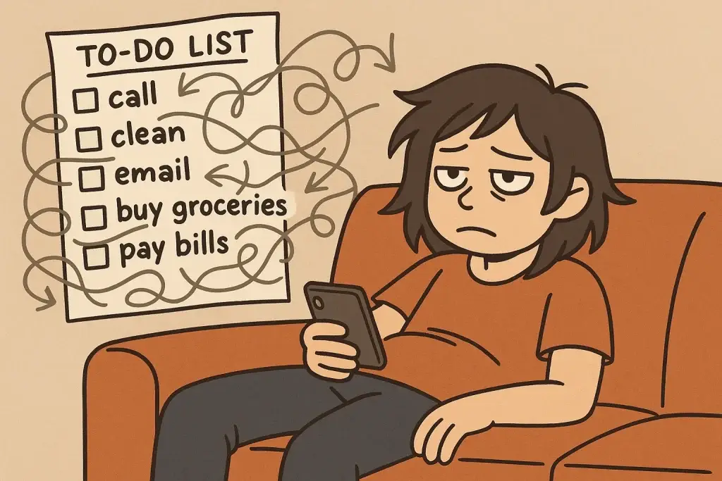 A person sitting on a couch looking stressed, with a messy to-do list floating nearby