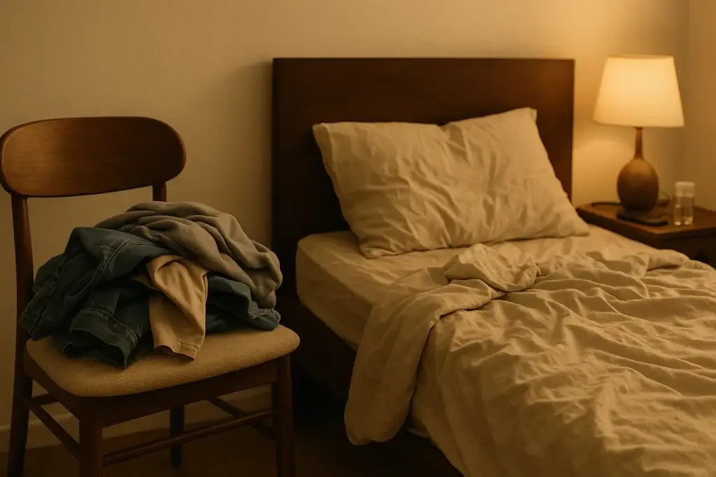 A slightly messy bedroom with laundry on a chair and an unmade bed