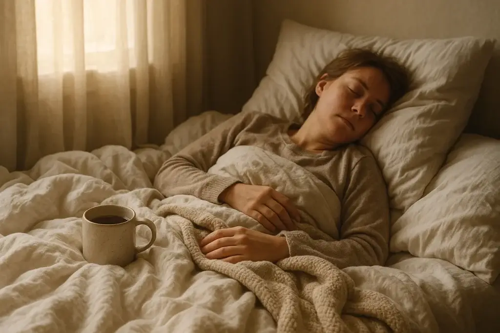 A person lying on a bed in comfy clothes with a warm drink and soft lighting