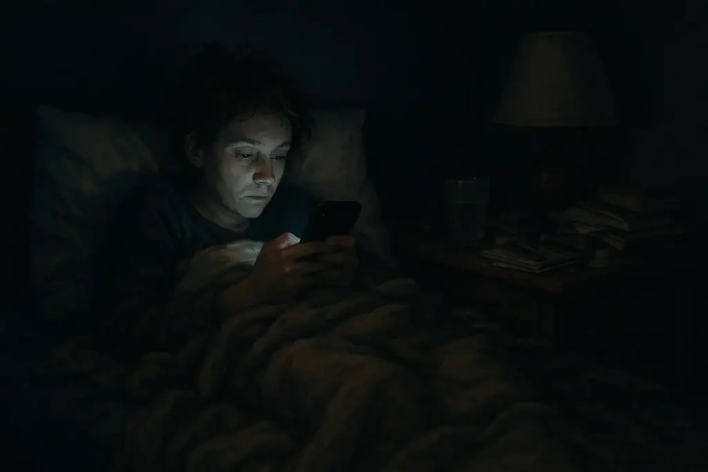 A person lying in bed with the glow of their phone lighting up their face at night