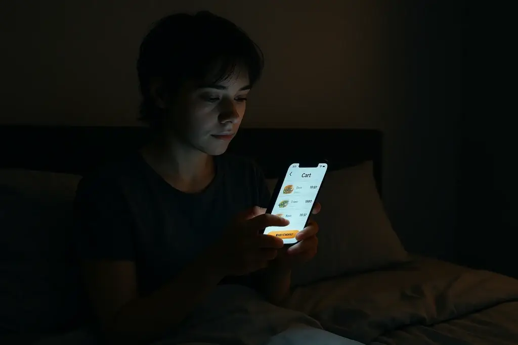 A person in dim lighting looking at their phone with a food delivery app open.