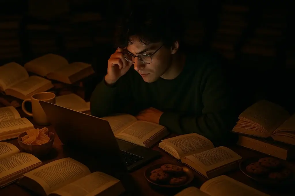 A person fully absorbed in a topic, surrounded by books and glowing screens.