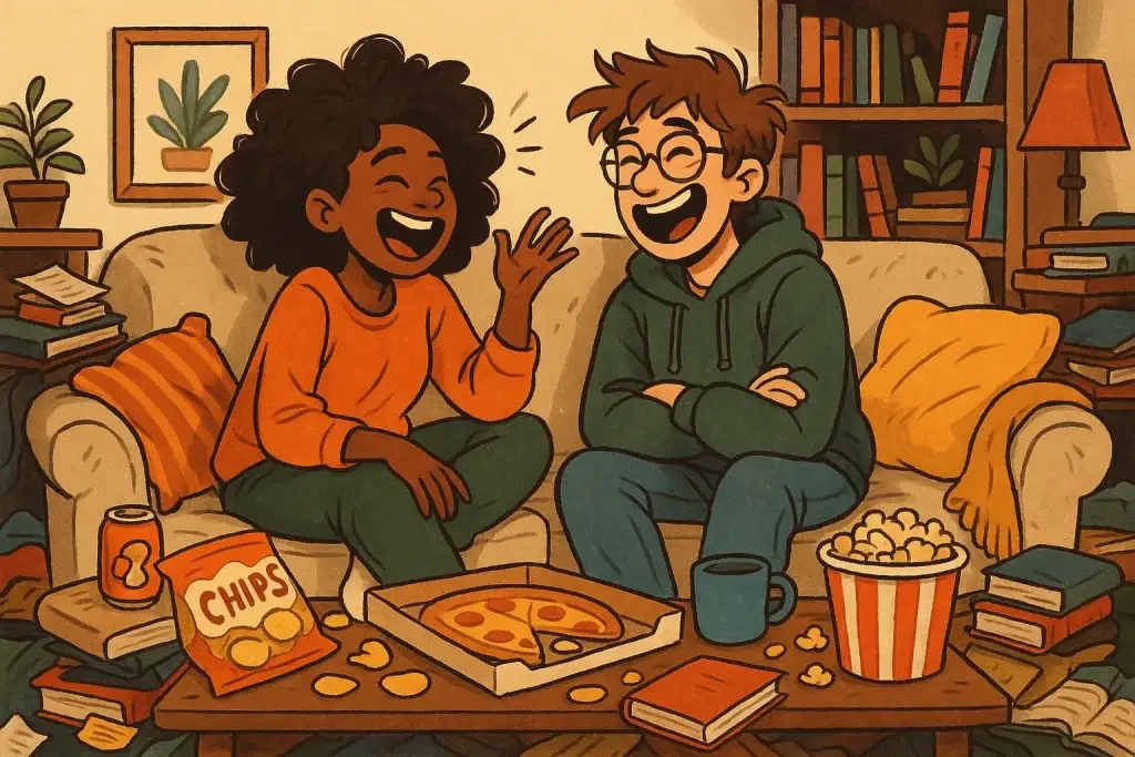 A couple having a real, relaxed moment in a lived-in space.