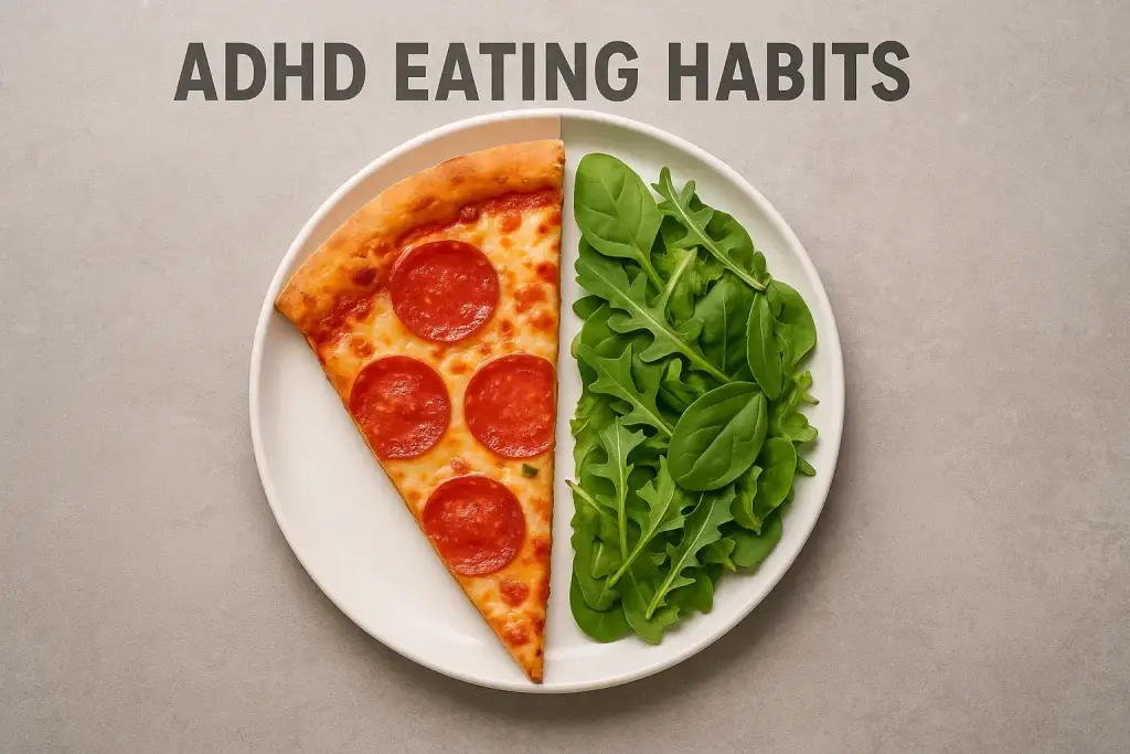 A slice of pizza on one side of a plate and a small salad on the other