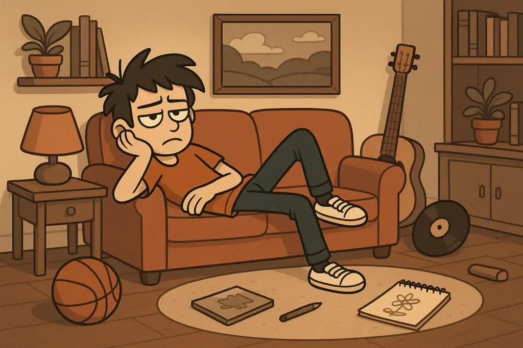 Person lying upside-down on a couch, bored and staring at the ceiling