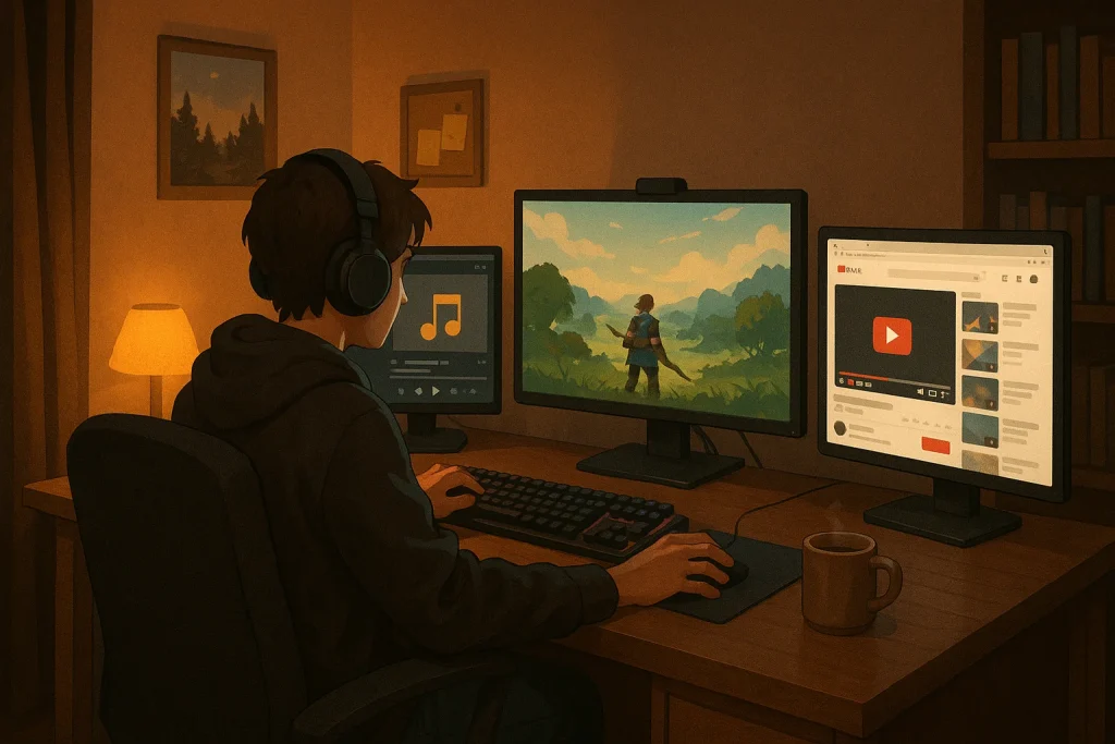 Person multitasking with headphones, video game, and YouTube videos around them