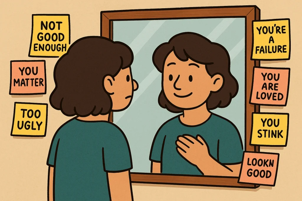 Person looking at mirror surrounded by mixed sticky notes—positive and negative