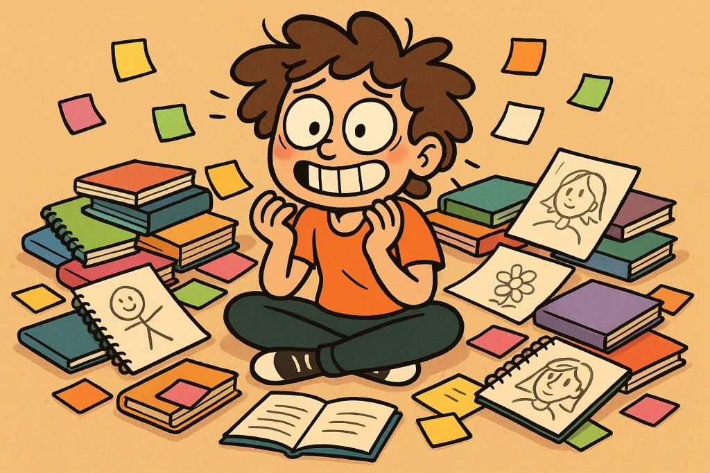 Person surrounded by half-finished projects, brainstorming with a focused expression