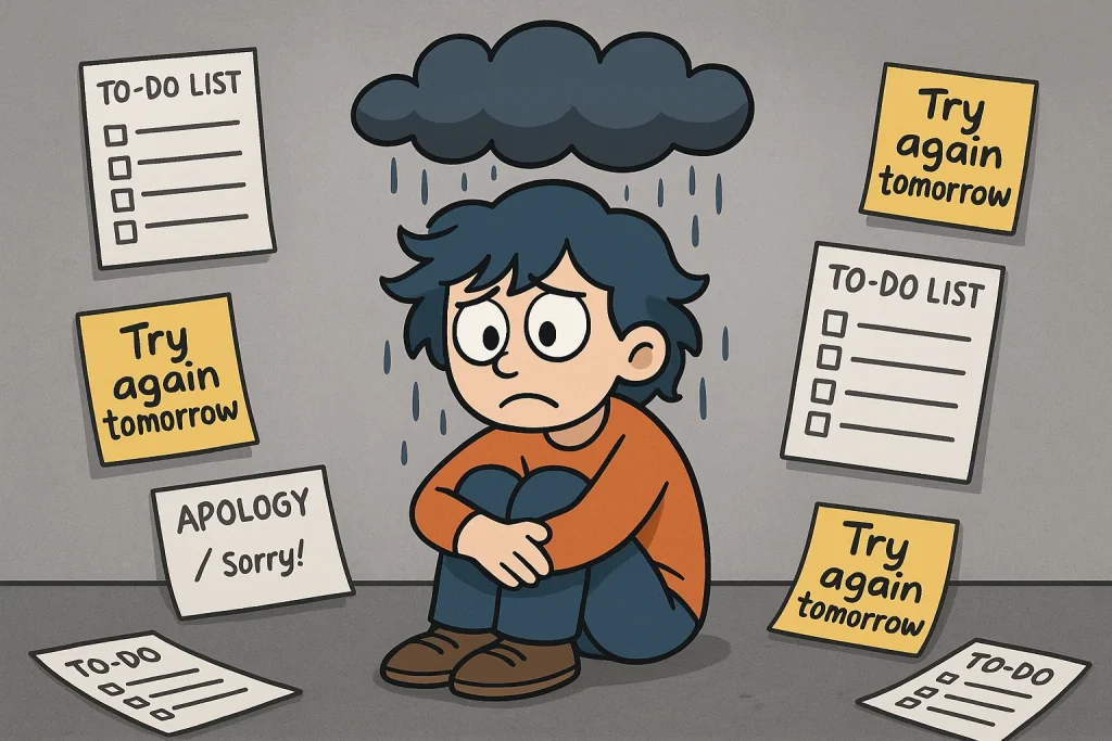 Cartoon person under raincloud surrounded by guilt-inducing notes