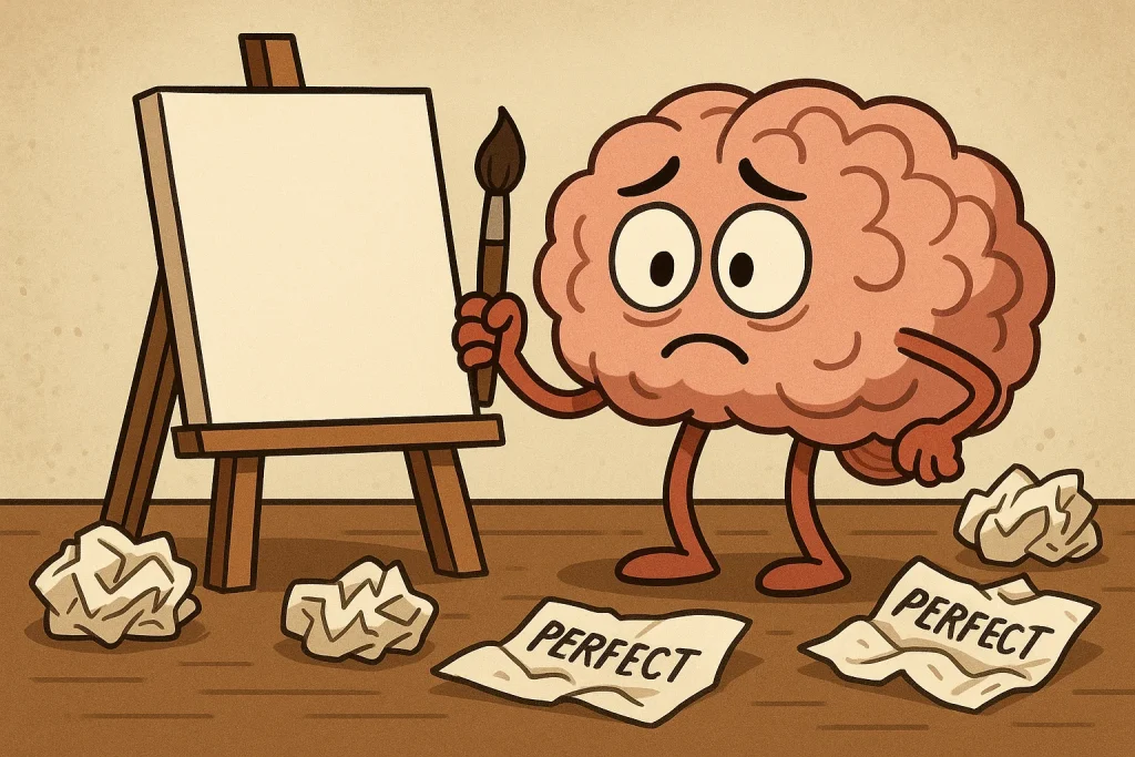 Cartoon brain character anxious about creating perfect work