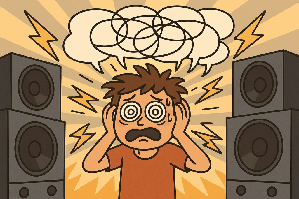 Cartoon person overwhelmed by sensory input with flashing lights and noise