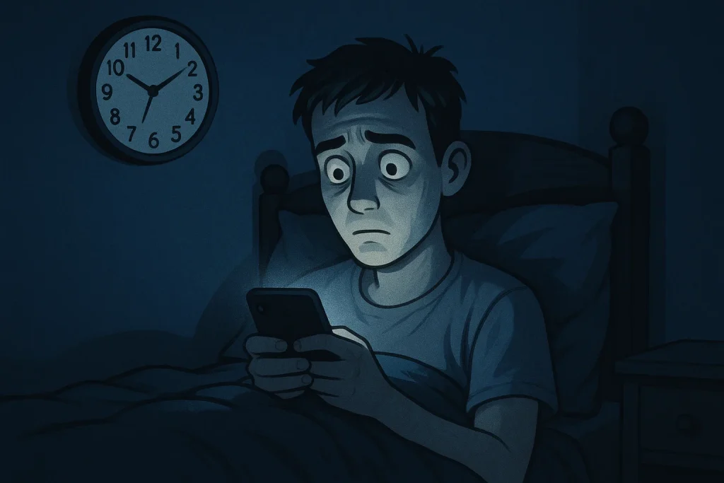 Person in bed staring at phone with 4 AM on the clock