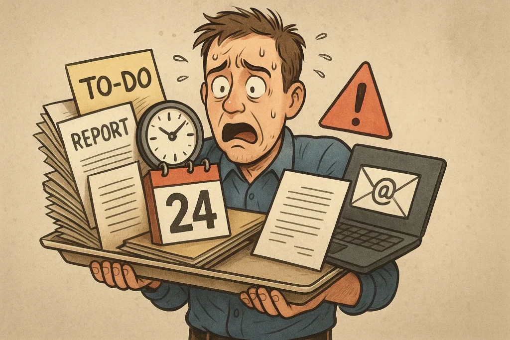 Person looking overwhelmed holding a stack of items or a full to-do list