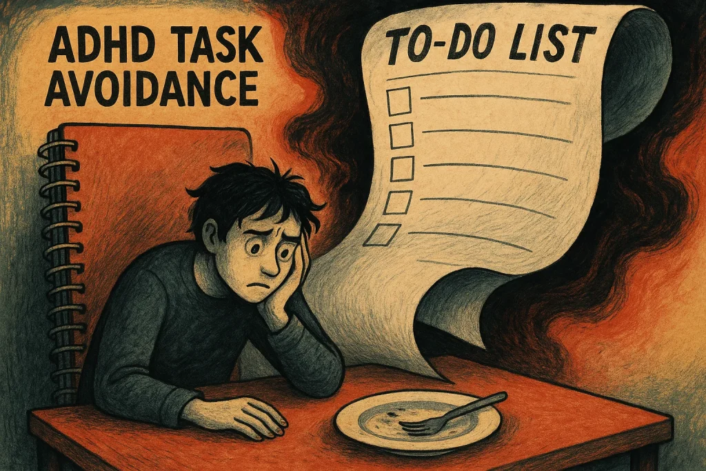 A person overwhelmed by a huge chaotic to-do list while frozen in front of a single dirty dish