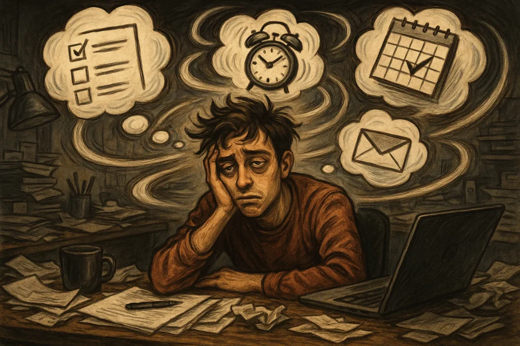 An overwhelmed person surrounded by floating task icons and mental clutter