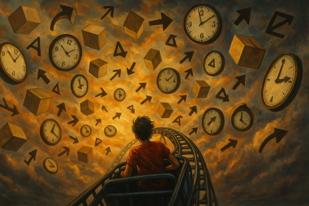 A person riding a rollercoaster through floating objects like boxes, clocks, and thought bubbles