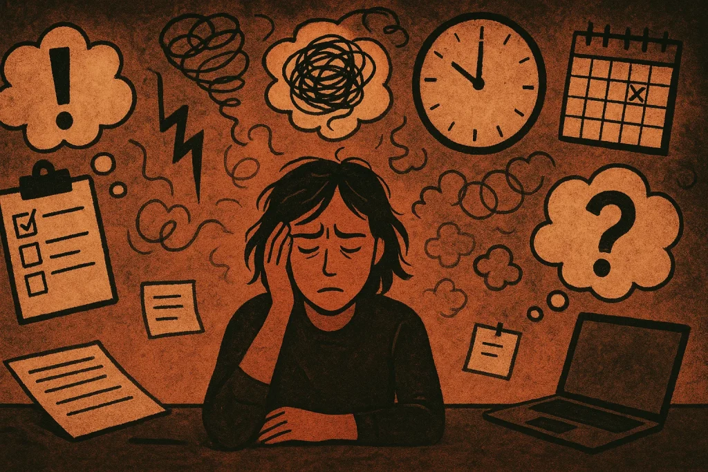 A person sitting frozen in a cluttered room while their thoughts swirl around them