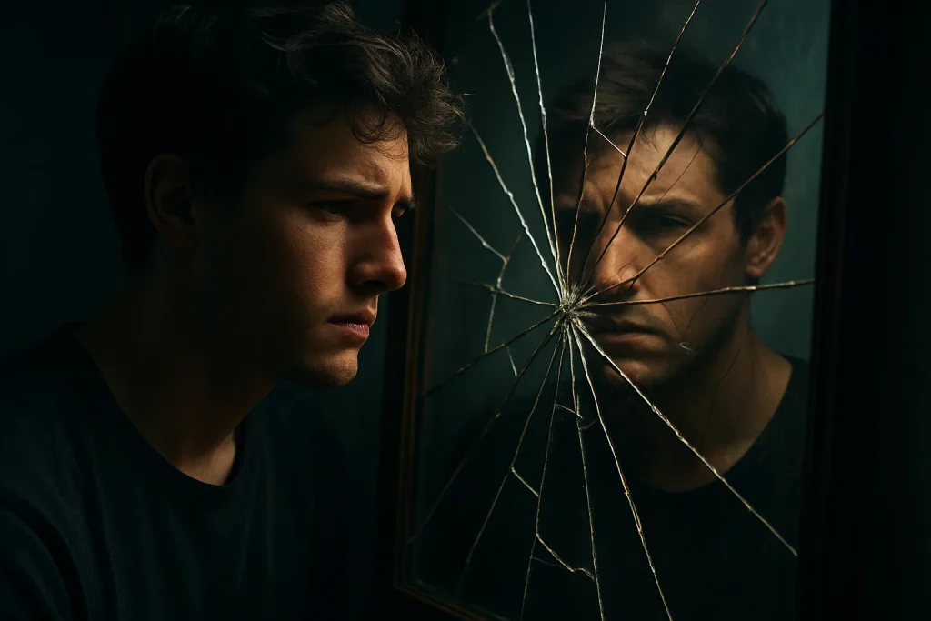 Person looking into a cracked mirror with uncertain expression