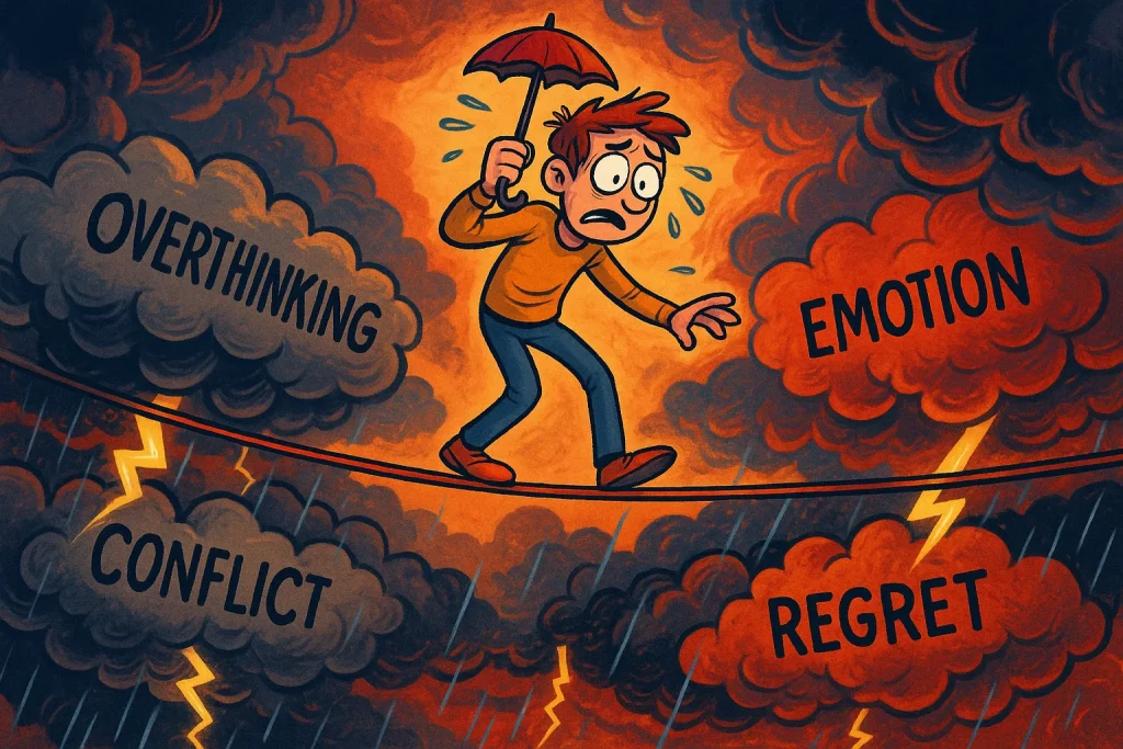 Cartoon person teetering above a storm labeled conflict and emotion