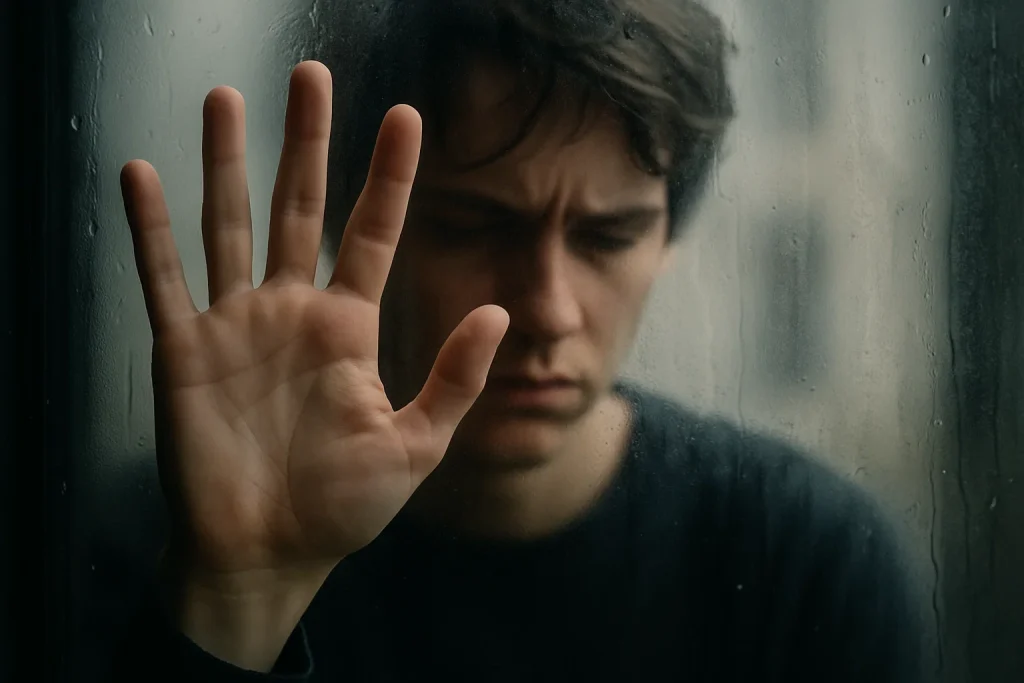 Person blurred behind fogged glass, representing ADHD and misunderstanding.