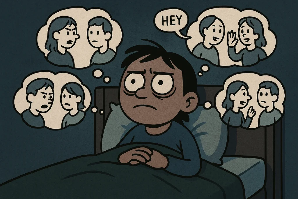 Person lying awake at night surrounded by illustrated thought bubbles symbolizing overthinking.