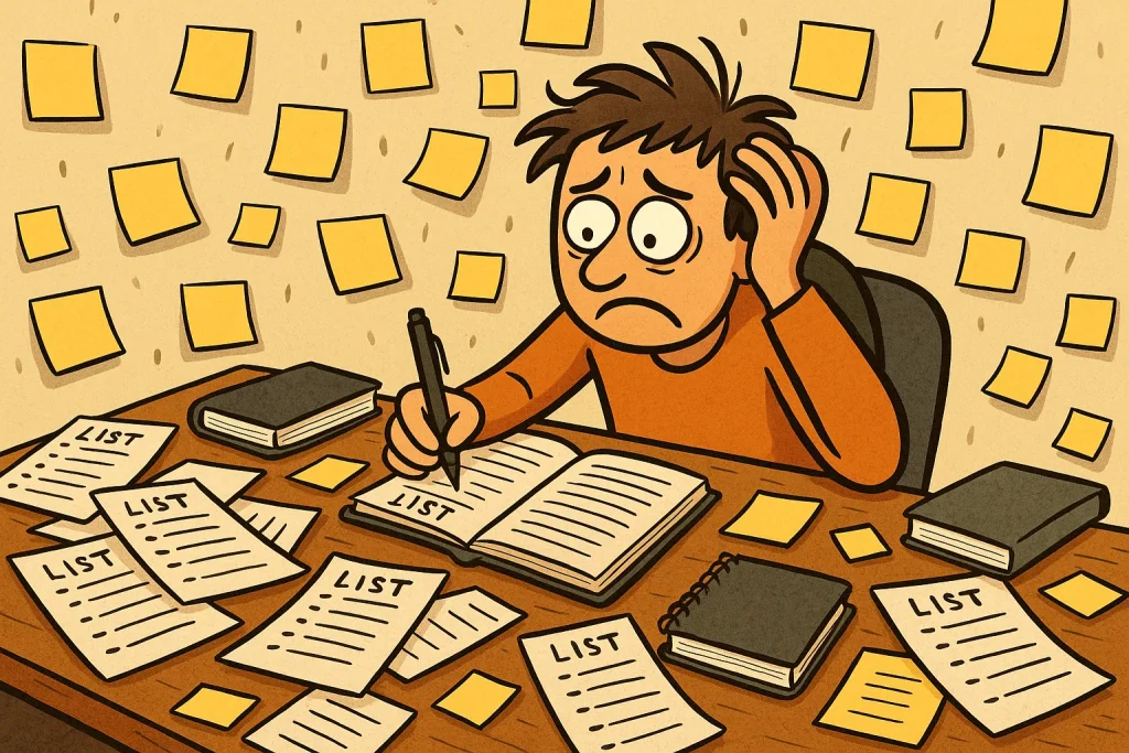 Person buried under a chaotic pile of to-do lists and sticky notes.