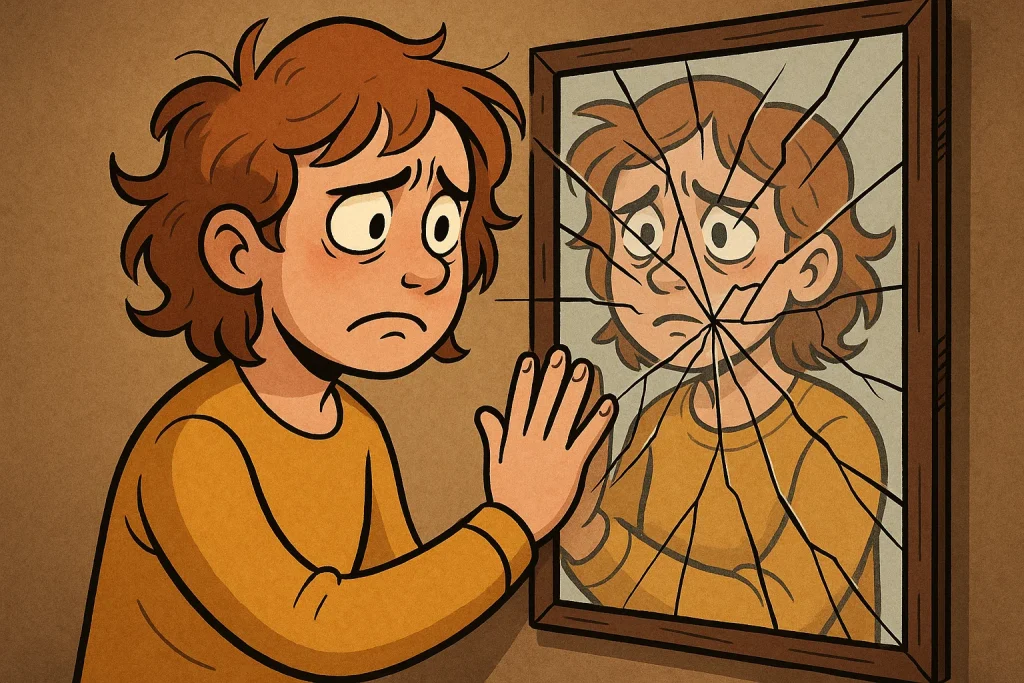Person looking into a cracked mirror, symbolizing broken trust and self-reflection.