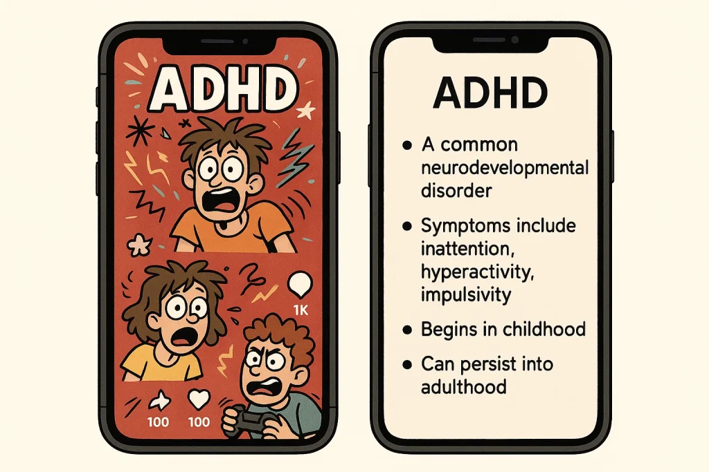 A split phone screen showing ADHD misinformation and accurate ADHD facts