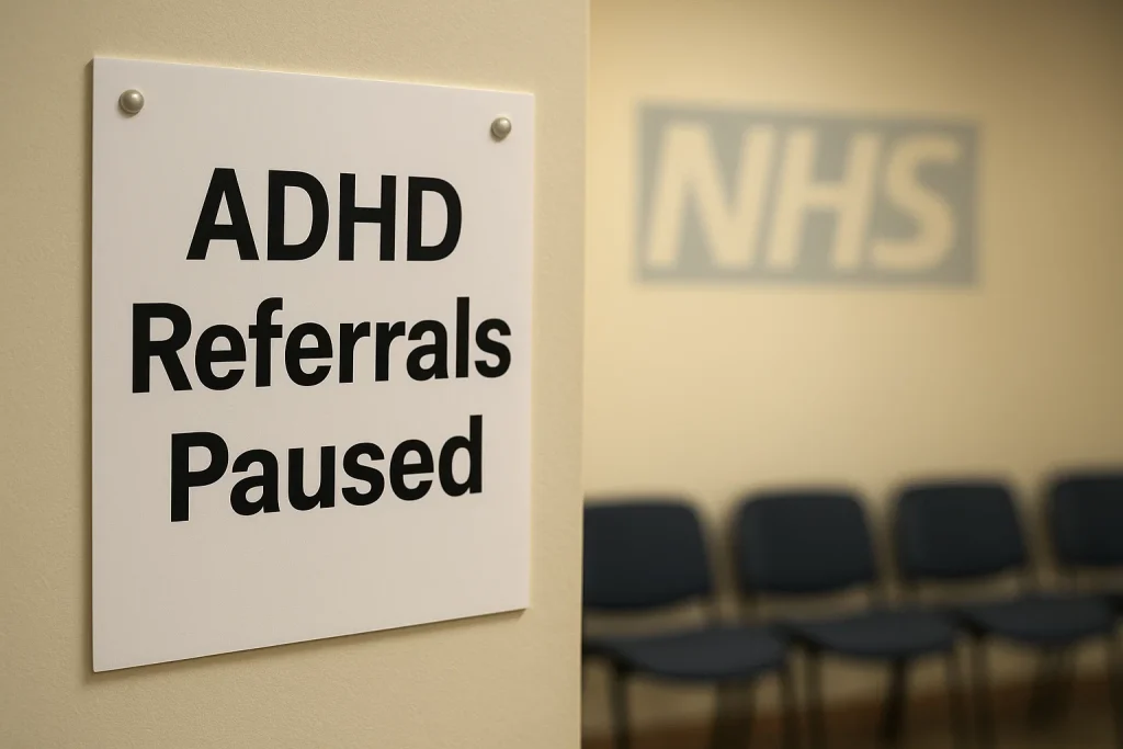 NHS referral sign with ADHD services marked as paused