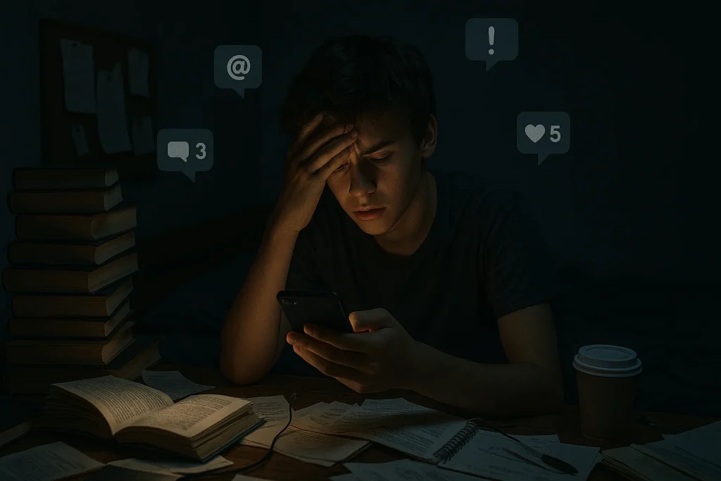 Teen looking at phone in dark room, overwhelmed by digital clutter