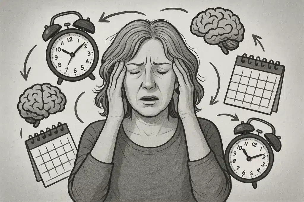 Woman overwhelmed during menopause with ADHD-related icons floating around