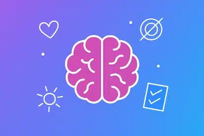 Illustration of a brain with ADHD-themed doodles on a purple-blue gradient background.