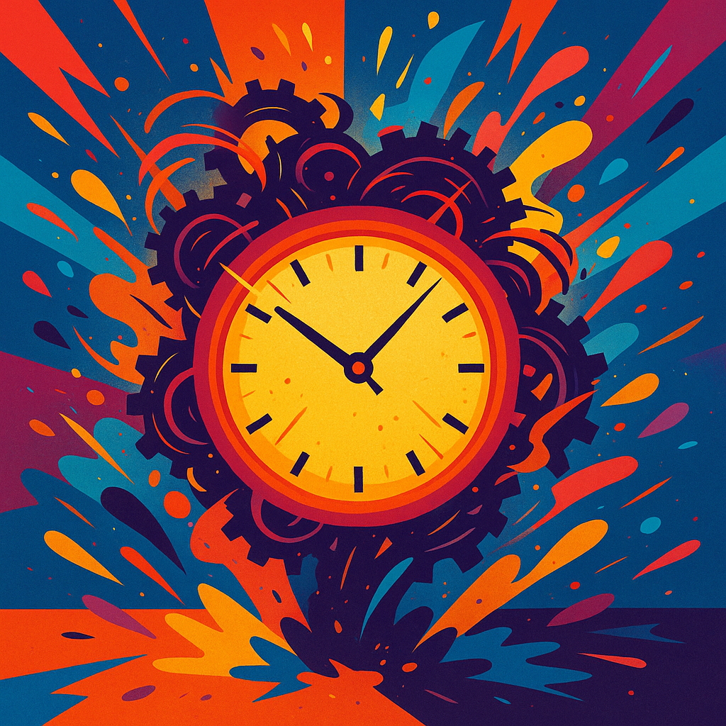 Glowing oversized clock with swirling gears bursting through colorful abstract shapes on a bold modern background, representing chaos and creativity.